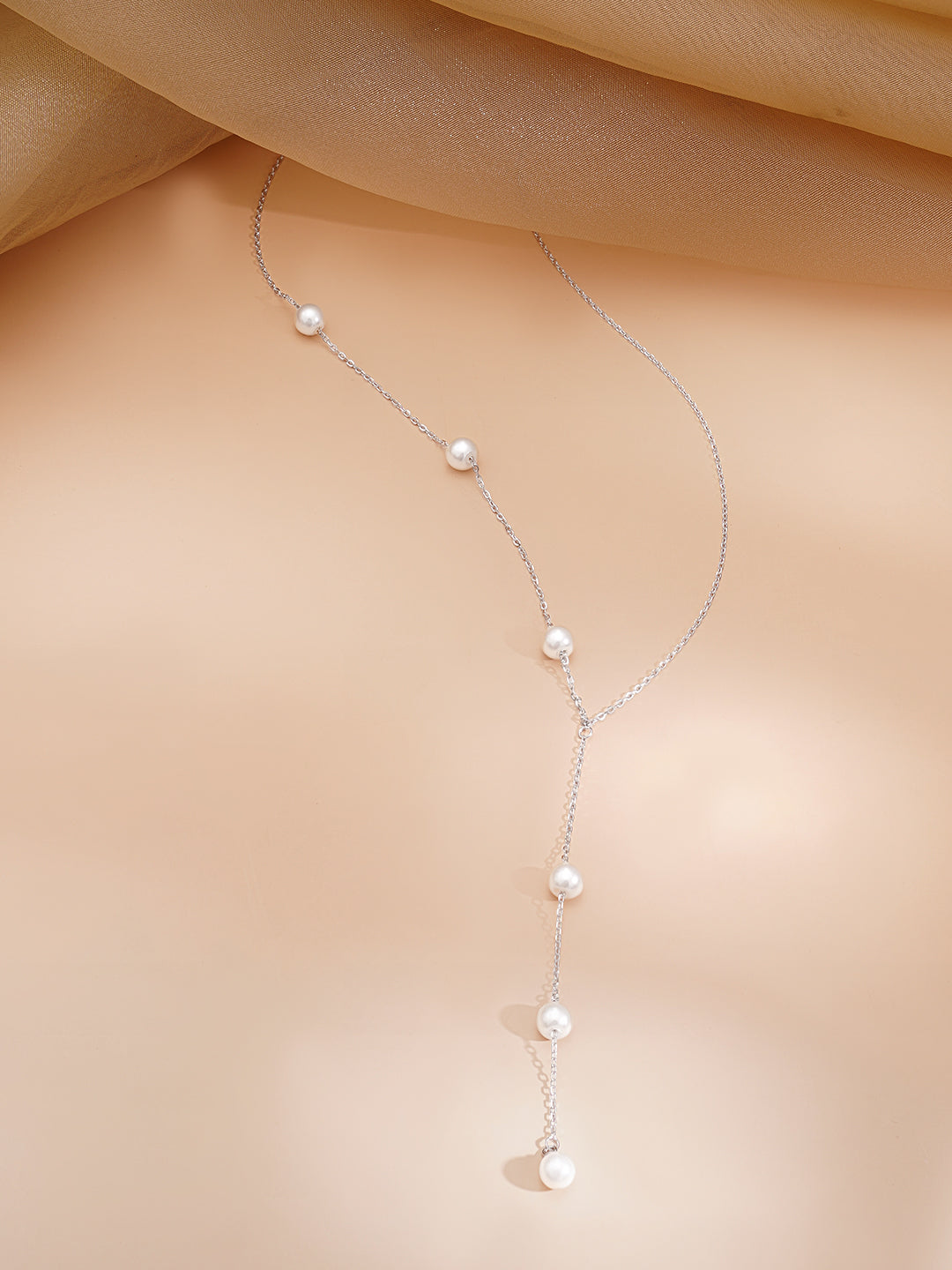 925 Fine Silver Rhodium Plated Pearl Layered Y Necklace フリーサイズ