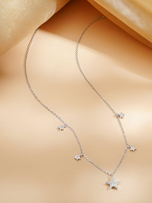 925 Fine Silver Rhodium Plated Necklace With Star Charms フリーサイズ