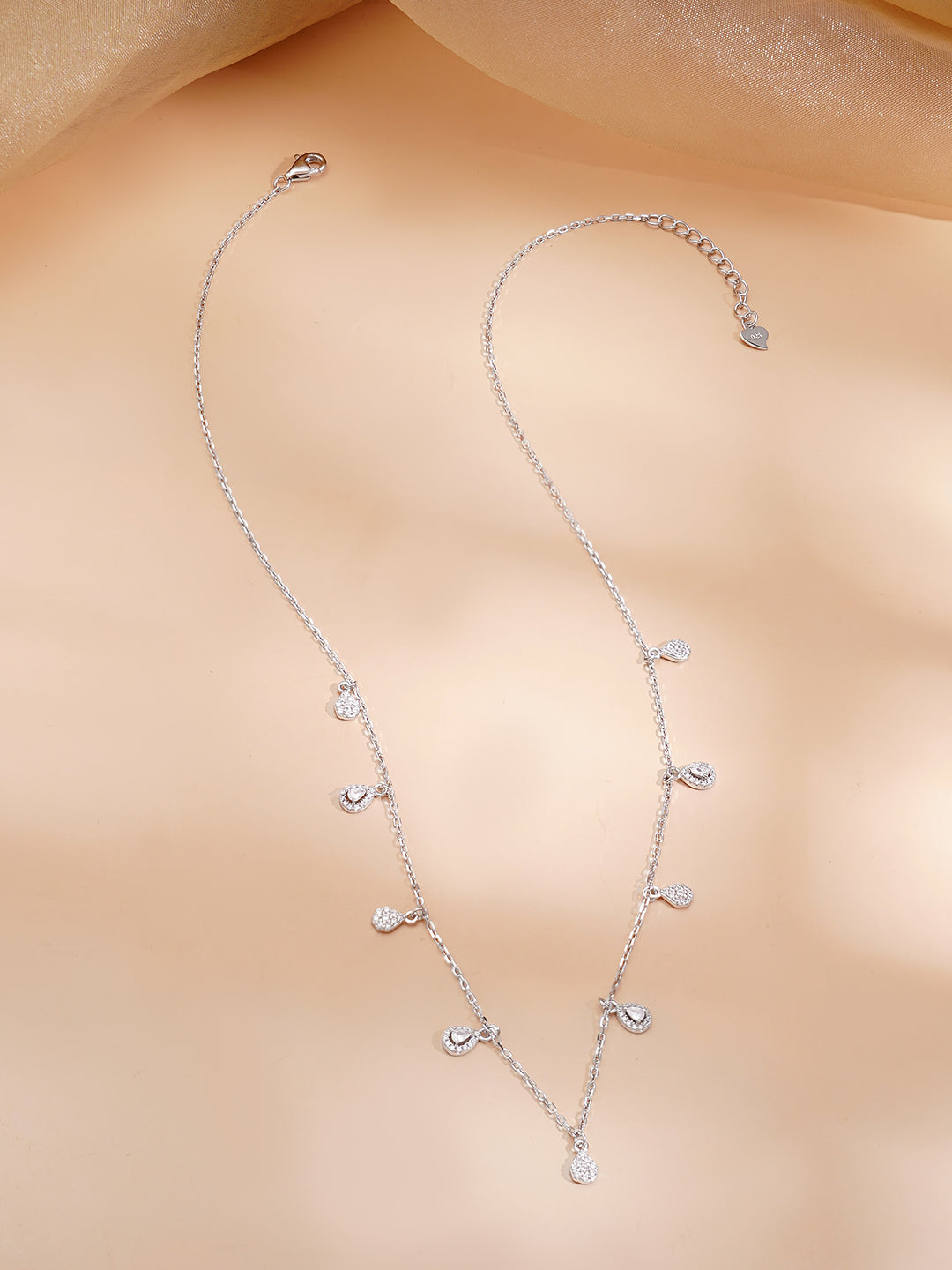 925 Fine Silver Rhodium Plated Cubic Zirconia Charm Chain Necklace フリーサイズ