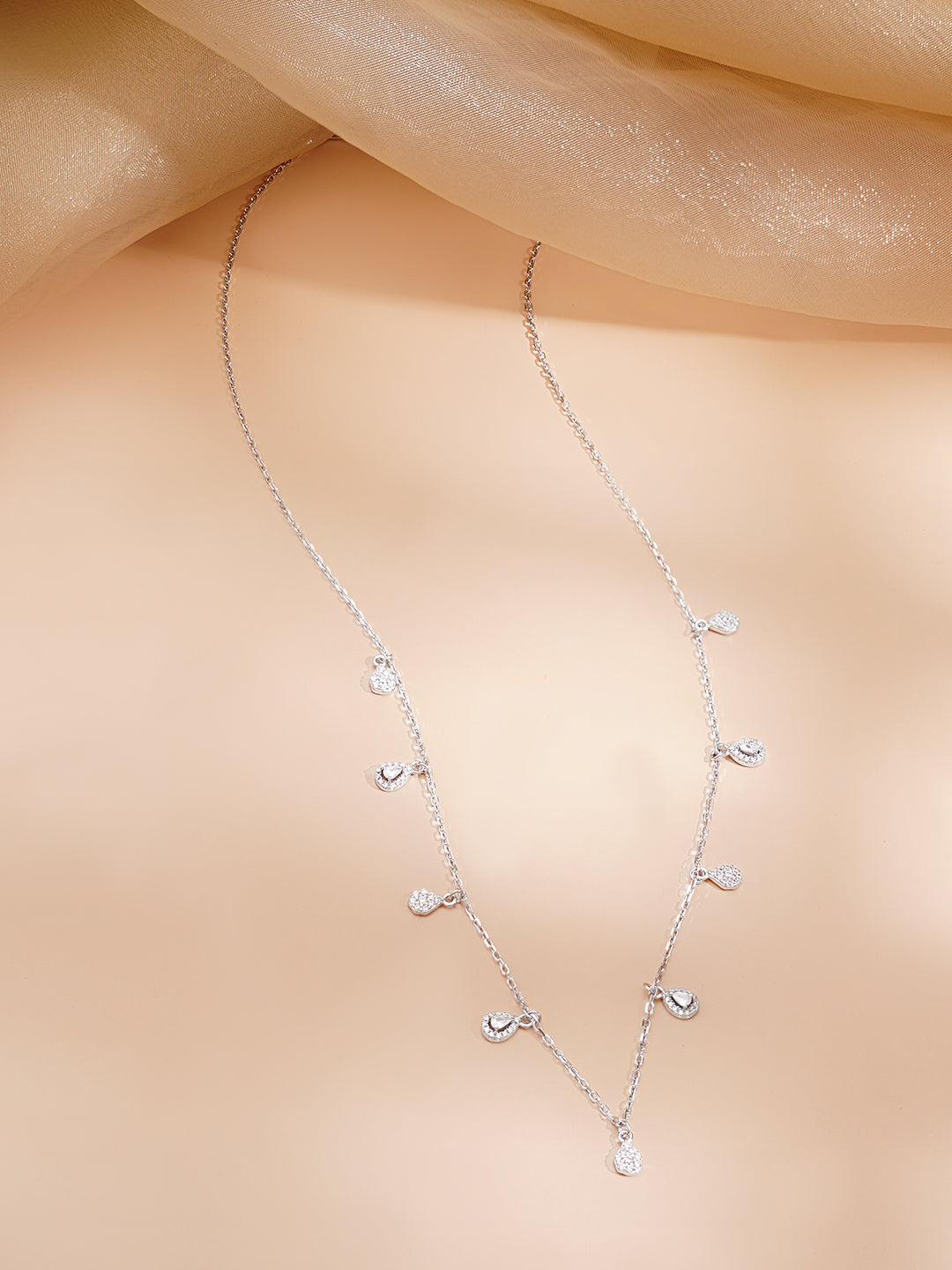 925 Fine Silver Rhodium Plated Cubic Zirconia Charm Chain Necklace フリーサイズ