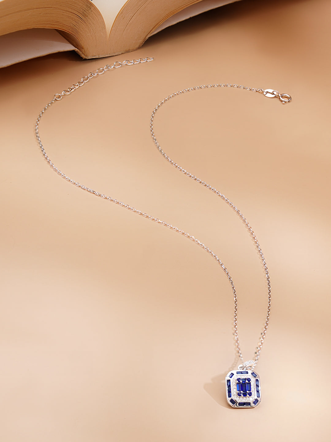925 Fine Silver Rhodium Plated Blue Sapphire AD Pendant Chain フリーサイズ