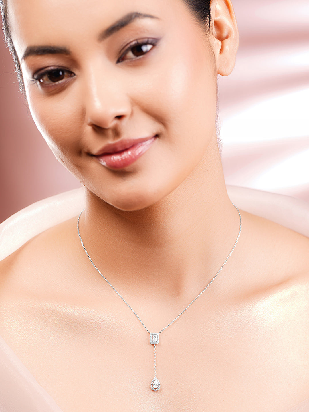 925 Fine Silver Rhodium Plated AD Drop Chain Necklace フリーサイズ