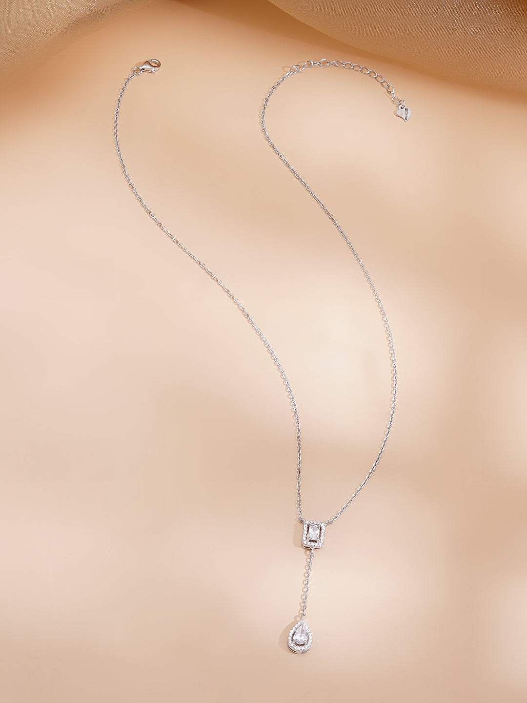 925 Fine Silver Rhodium Plated AD Drop Chain Necklace フリーサイズ