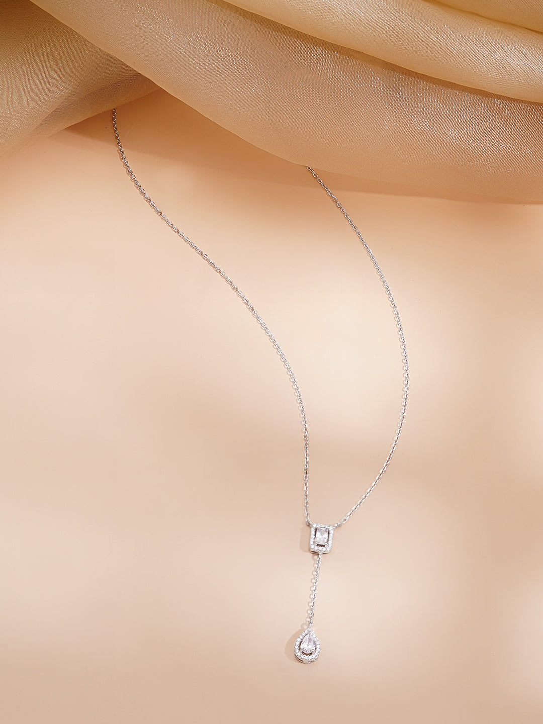 925 Fine Silver Rhodium Plated AD Drop Chain Necklace フリーサイズ