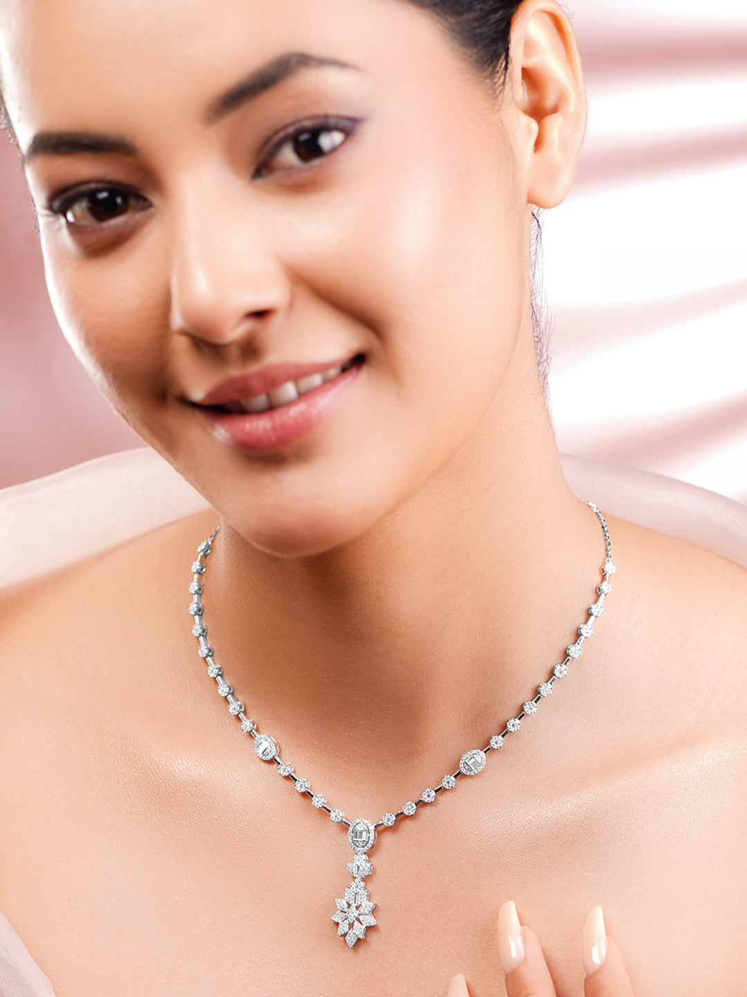 925 Fine Silver Rhodium Plated Geometric Floral Drop American Diamon Zirconia Necklace フリーサイズ