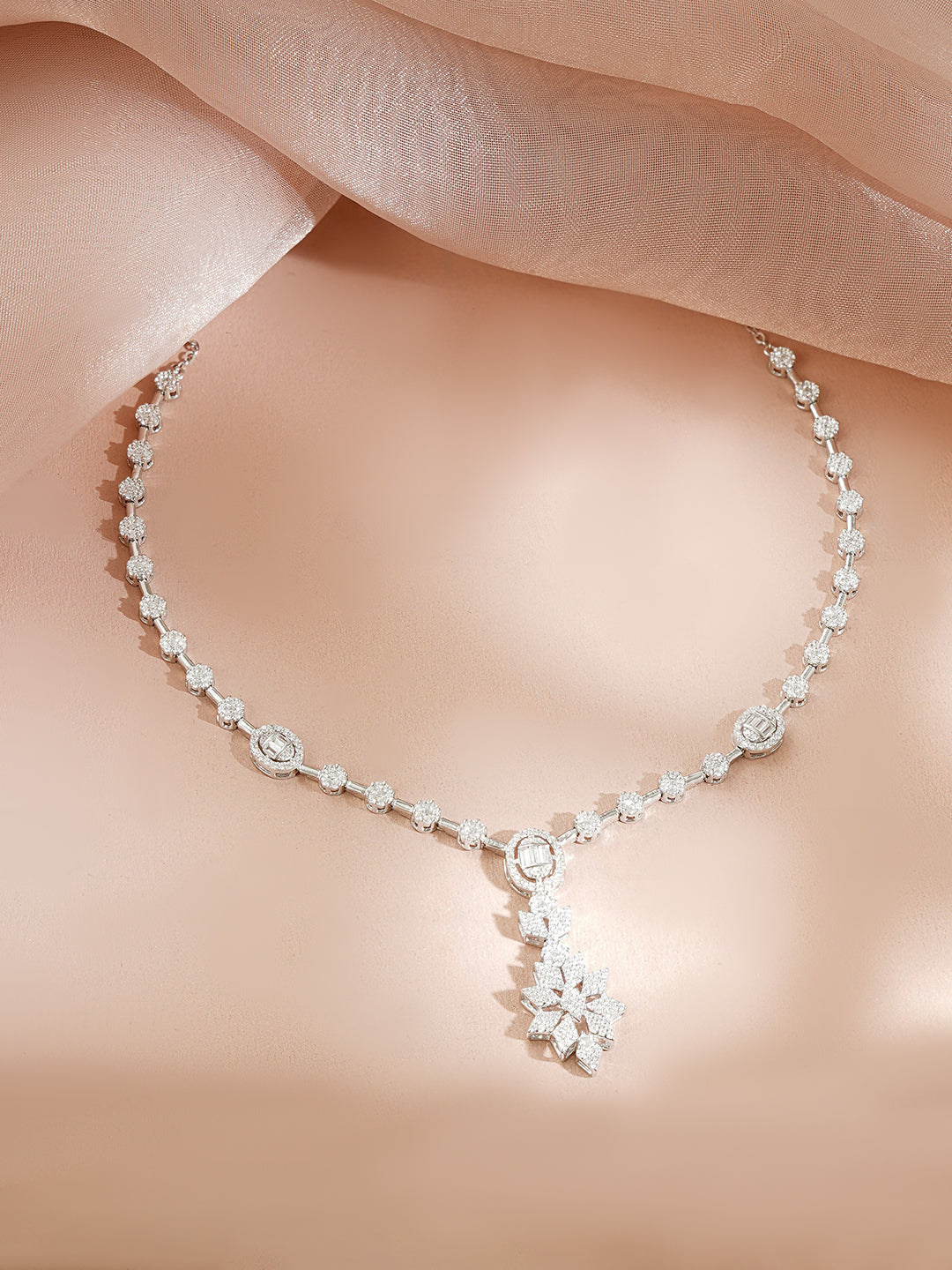 925 Fine Silver Rhodium Plated Geometric Floral Drop American Diamon Zirconia Necklace フリーサイズ