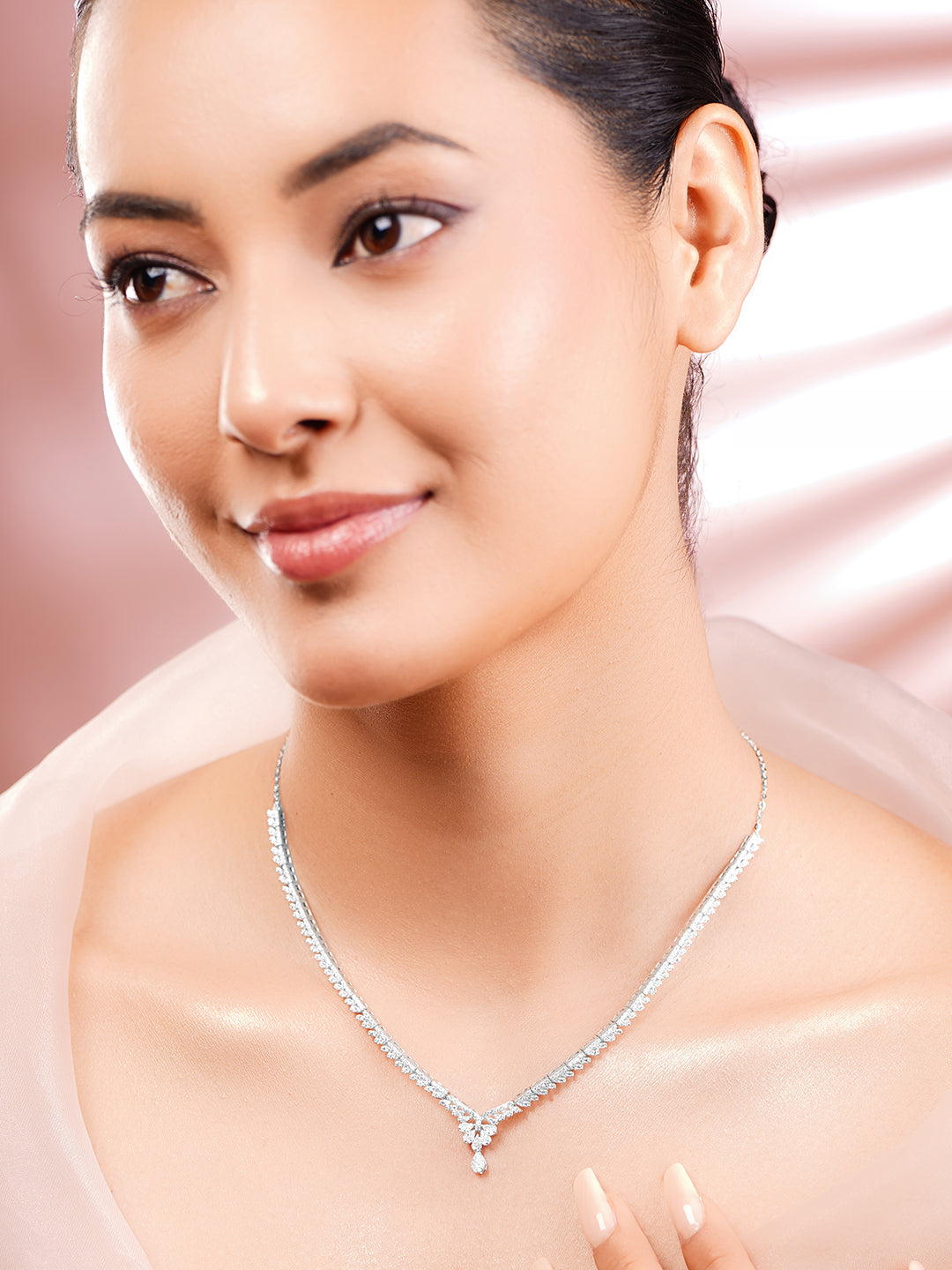 925 Fine Silver Rhodium Plated American Diamon Zirconia Necklace フリーサイズ