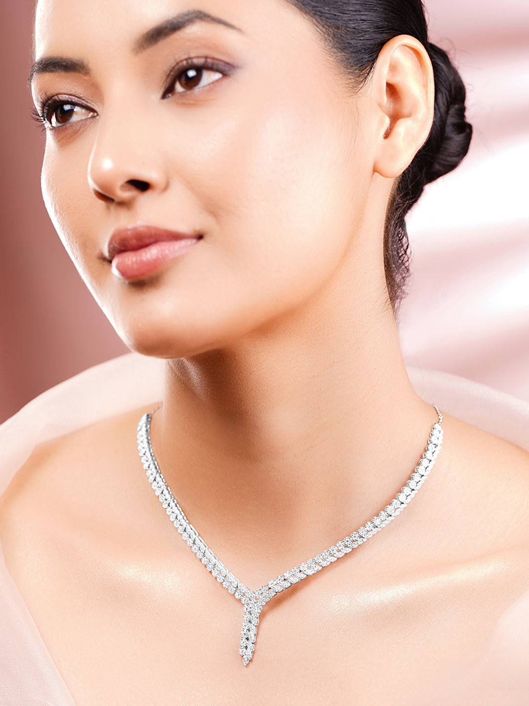 925 Fine Silver Rhodium Plated American Diamon Zirconia Necklace フリーサイズ