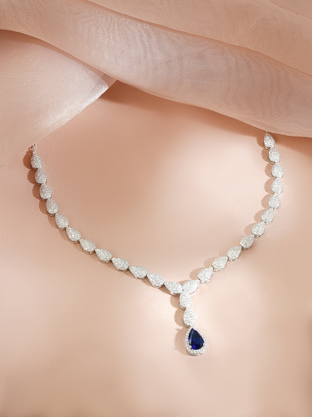 925 Fine Silver Rhodium Plated Leaf Design Blue Sapphire American Diamon Zirconia Necklace フリーサイズ
