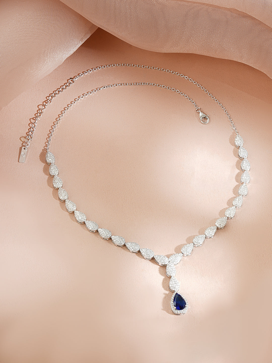 925 Fine Silver Rhodium Plated Leaf Design Blue Sapphire American Diamon Zirconia Necklace フリーサイズ