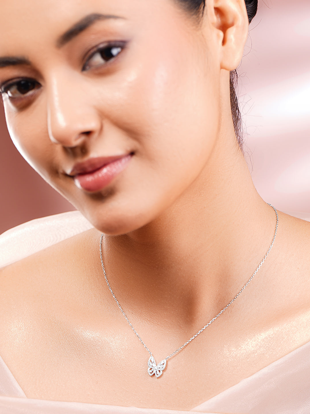 925 Fine Silver Rhodium Plated American Diamon Zirconia Butterfly Necklace フリーサイズ
