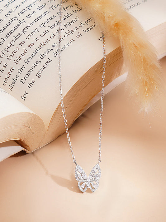 925 Fine Silver Rhodium Plated American Diamon Zirconia Butterfly Necklace フリーサイズ