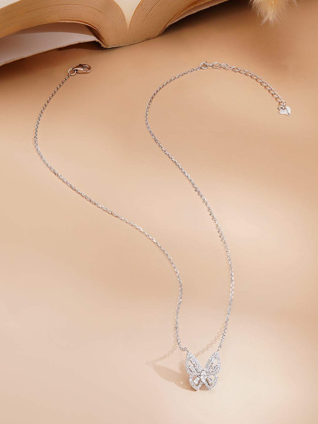 925 Fine Silver Rhodium Plated American Diamon Zirconia Butterfly Necklace フリーサイズ