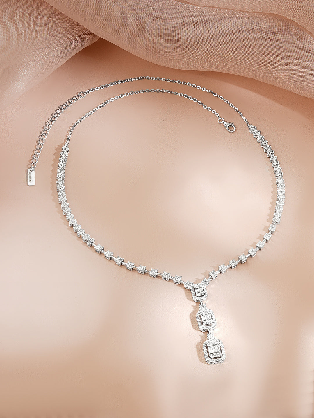 925 Fine Silver Rhodium Plated American Diamon Zirconia Cubic Charm Necklace フリーサイズ
