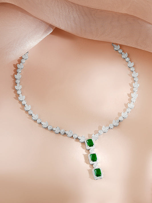 925 Fine Silver Rhodium Plated Cubic Drop Emerald Necklace フリーサイズ