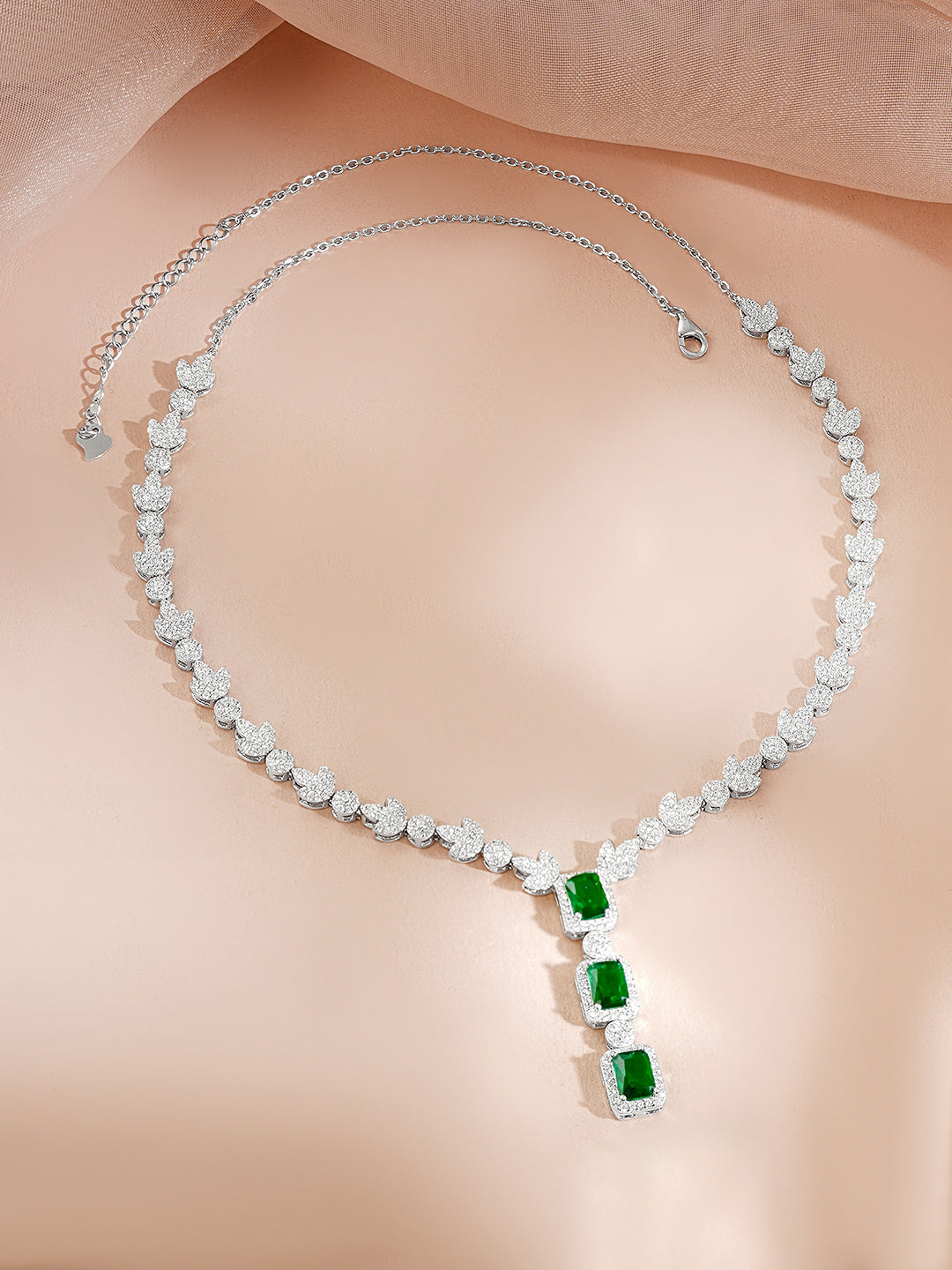 925 Fine Silver Rhodium Plated Cubic Drop Emerald Necklace フリーサイズ