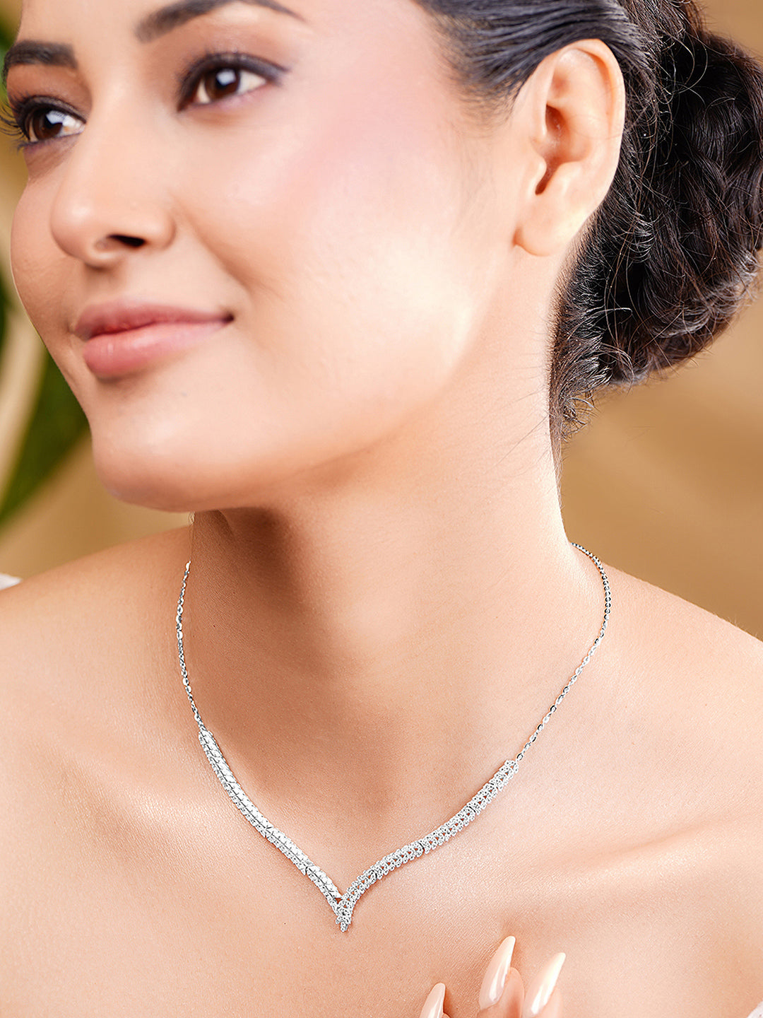 925 Fine Silver Rhodium Plated American Diamond Zirconia Necklace フリーサイズ