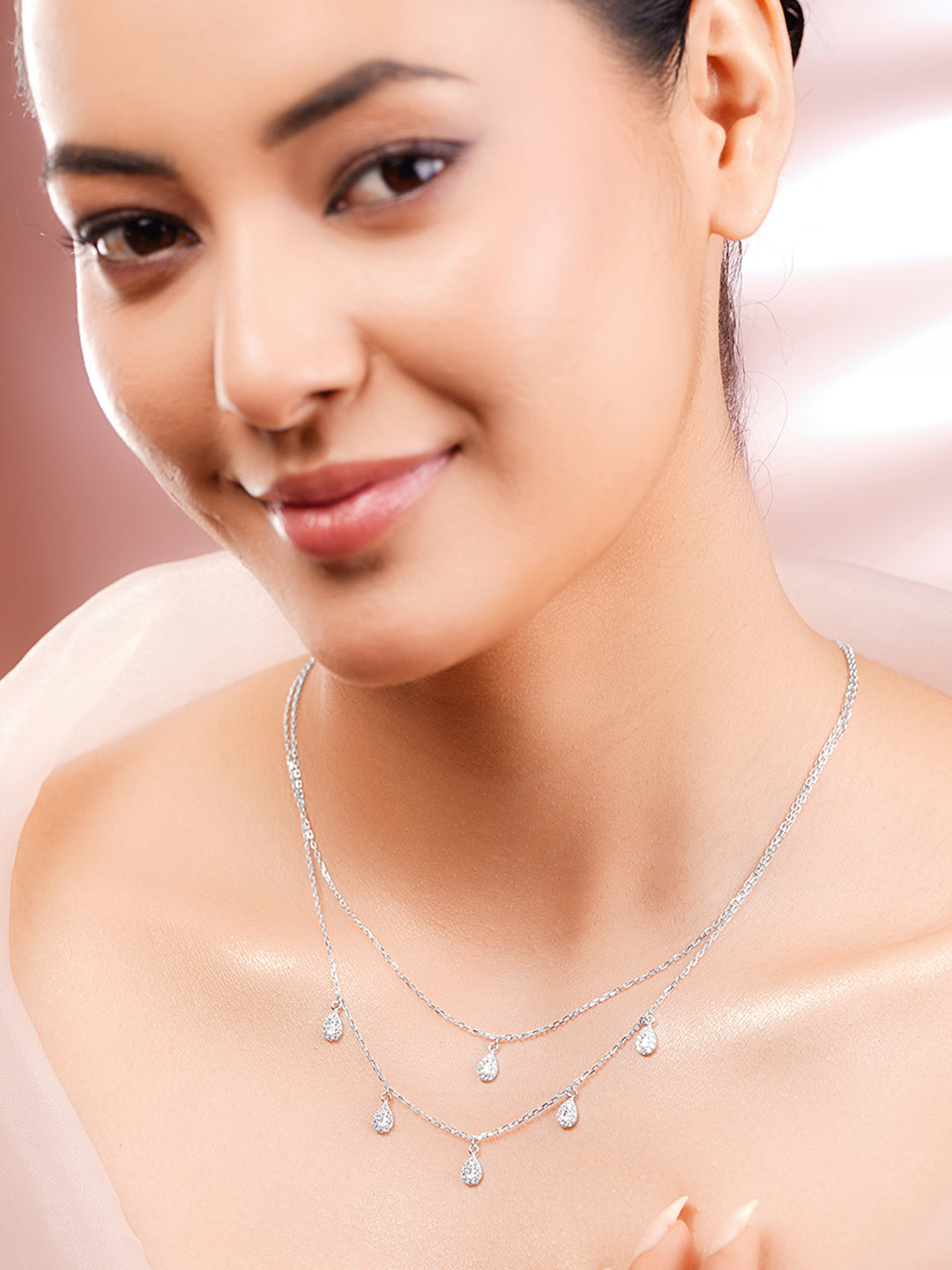 925 Fine Silver Rhodium Plated American Diamon Zirconia Tear Drop Layered Necklace フリーサイズ