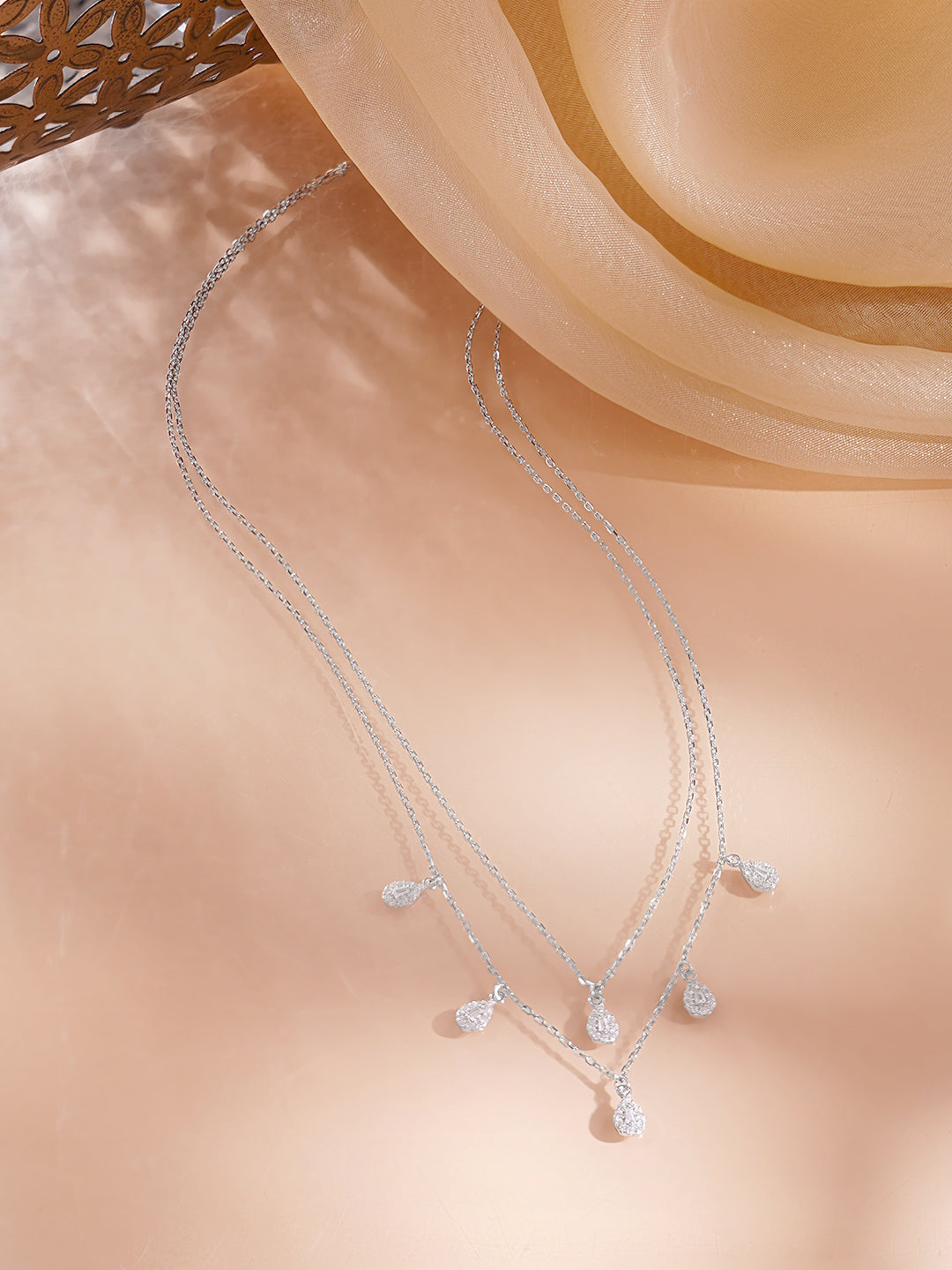 925 Fine Silver Rhodium Plated American Diamon Zirconia Tear Drop Layered Necklace フリーサイズ