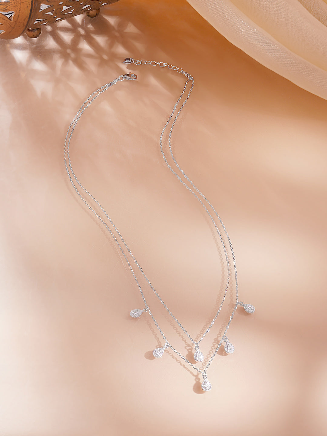 925 Fine Silver Rhodium Plated American Diamon Zirconia Tear Drop Layered Necklace フリーサイズ