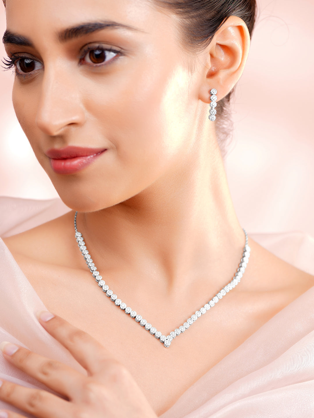 925 Fine Silver Silver Cubic Zirconia Crystal Tennis Necklace Set フリーサイズ