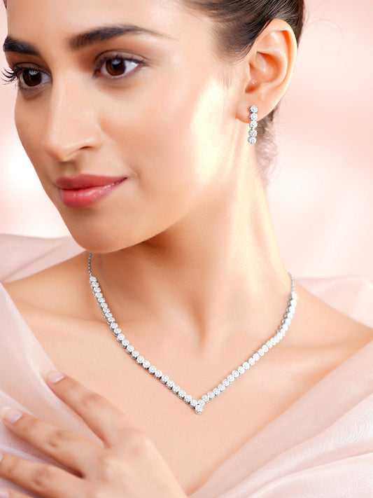 925 Fine Silver Silver Cubic Zirconia Crystal Tennis Necklace Set フリーサイズ