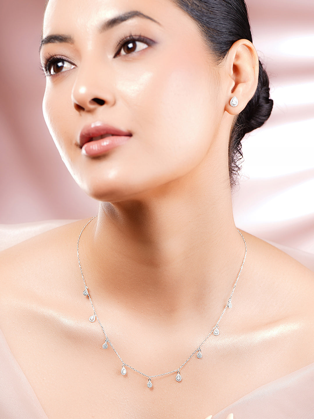 925 Fine Silver Rhodium Plated AD Teardrop Charm Necklace Set フリーサイズ