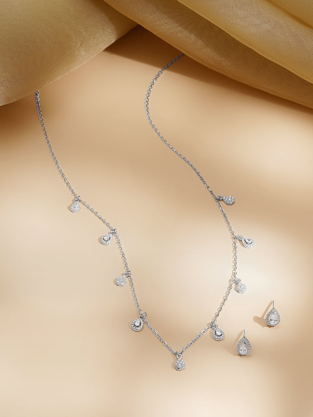 925 Fine Silver Rhodium Plated AD Teardrop Charm Necklace Set フリーサイズ