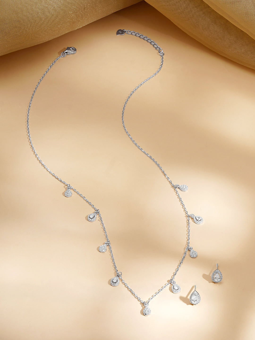 925 Fine Silver Rhodium Plated AD Teardrop Charm Necklace Set フリーサイズ