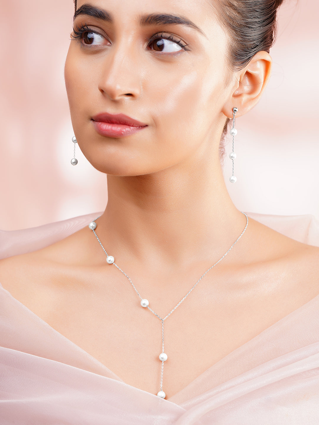 925 Fine Silver Rhodium Plated Pearl Beaded Necklace Set フリーサイズ