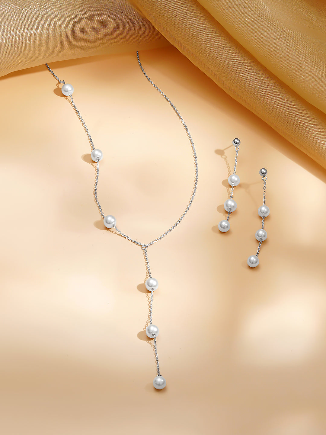 925 Fine Silver Rhodium Plated Pearl Beaded Necklace Set フリーサイズ