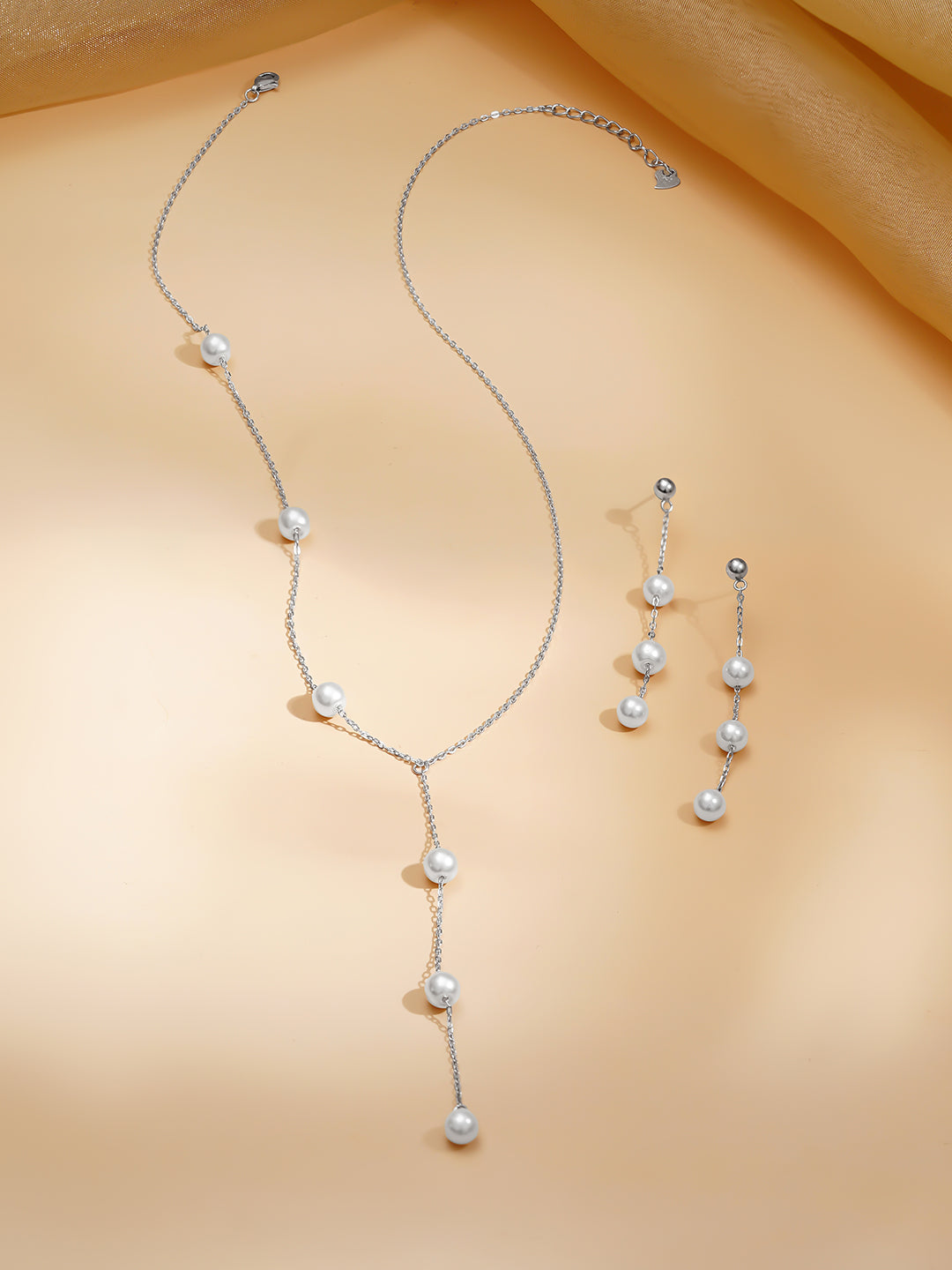 925 Fine Silver Rhodium Plated Pearl Beaded Necklace Set フリーサイズ