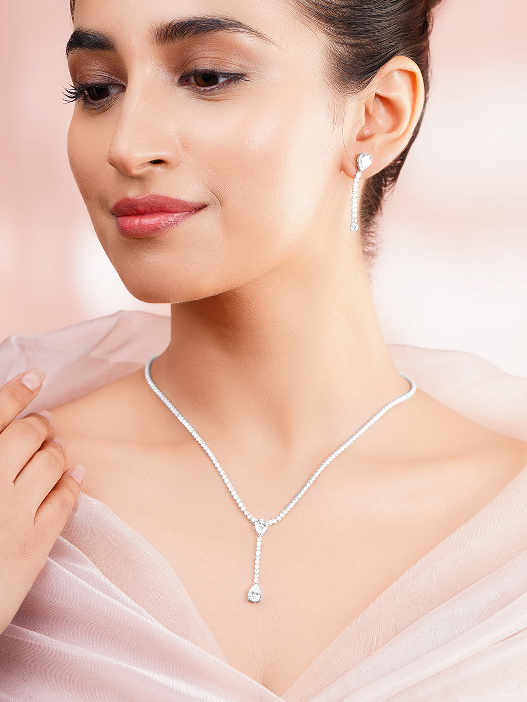 925 Fine Silver Rhodium Plated Teardrop Necklace Set フリーサイズ