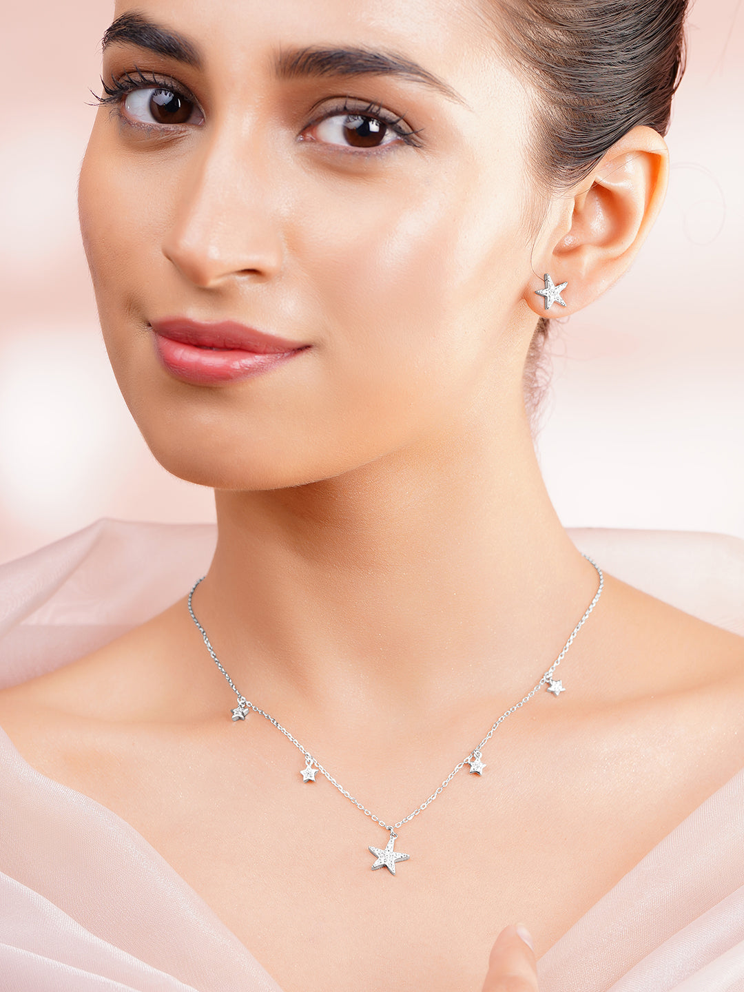 925 Fine Silver Rhodium Plated Necklace Set With Star Charms フリーサイズ