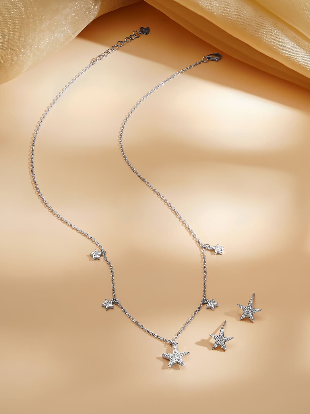 925 Fine Silver Rhodium Plated Necklace Set With Star Charms フリーサイズ
