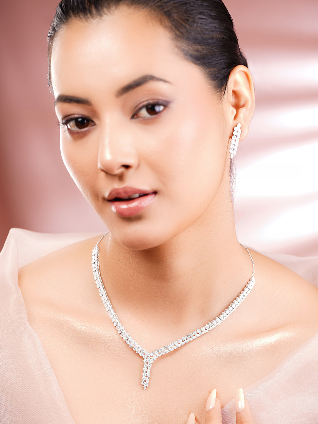 925 Fine Silver Rhodium Plated Cubic Zirconia Designer Necklace Set フリーサイズ