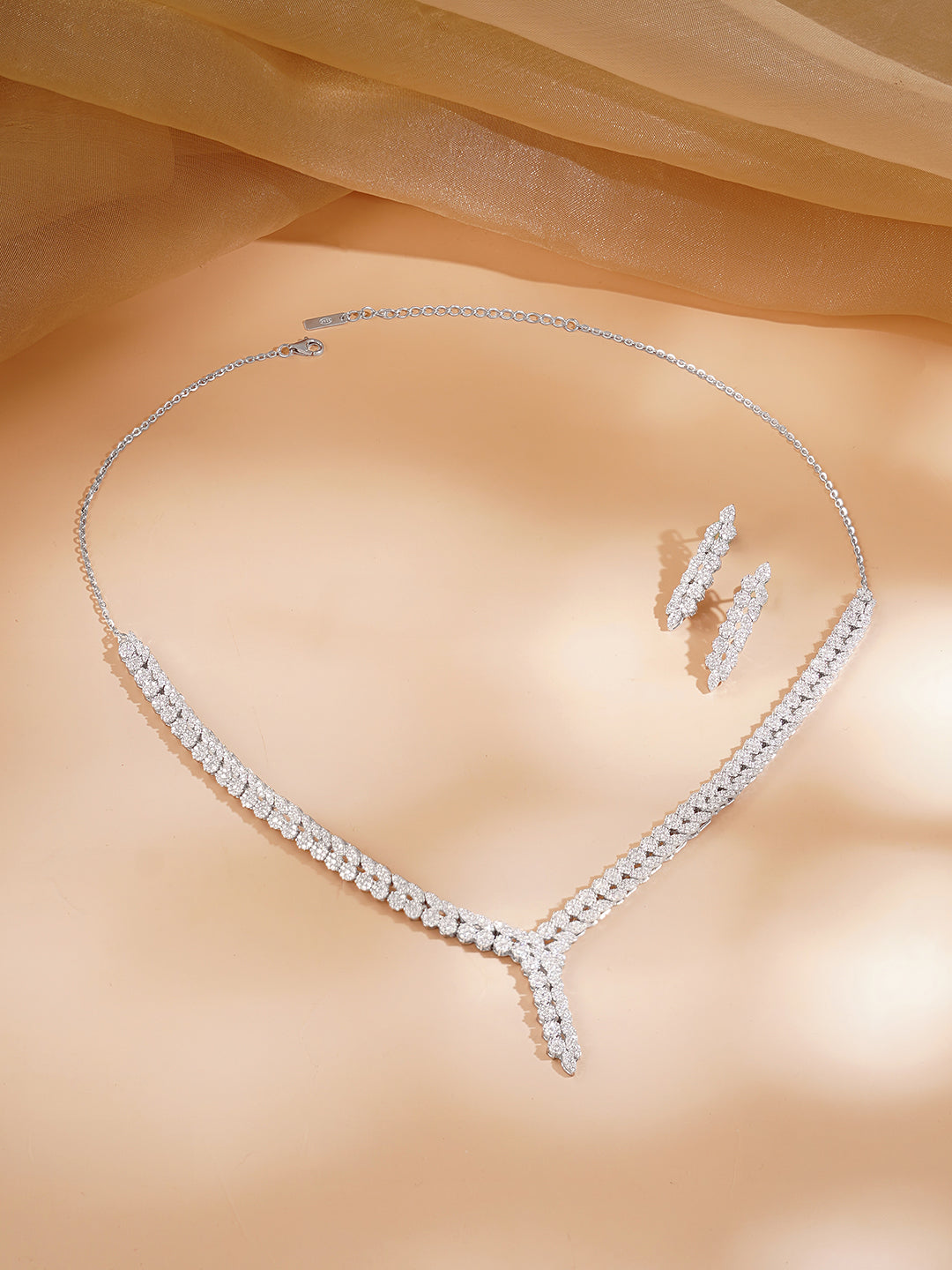 925 Fine Silver Rhodium Plated Cubic Zirconia Designer Necklace Set フリーサイズ