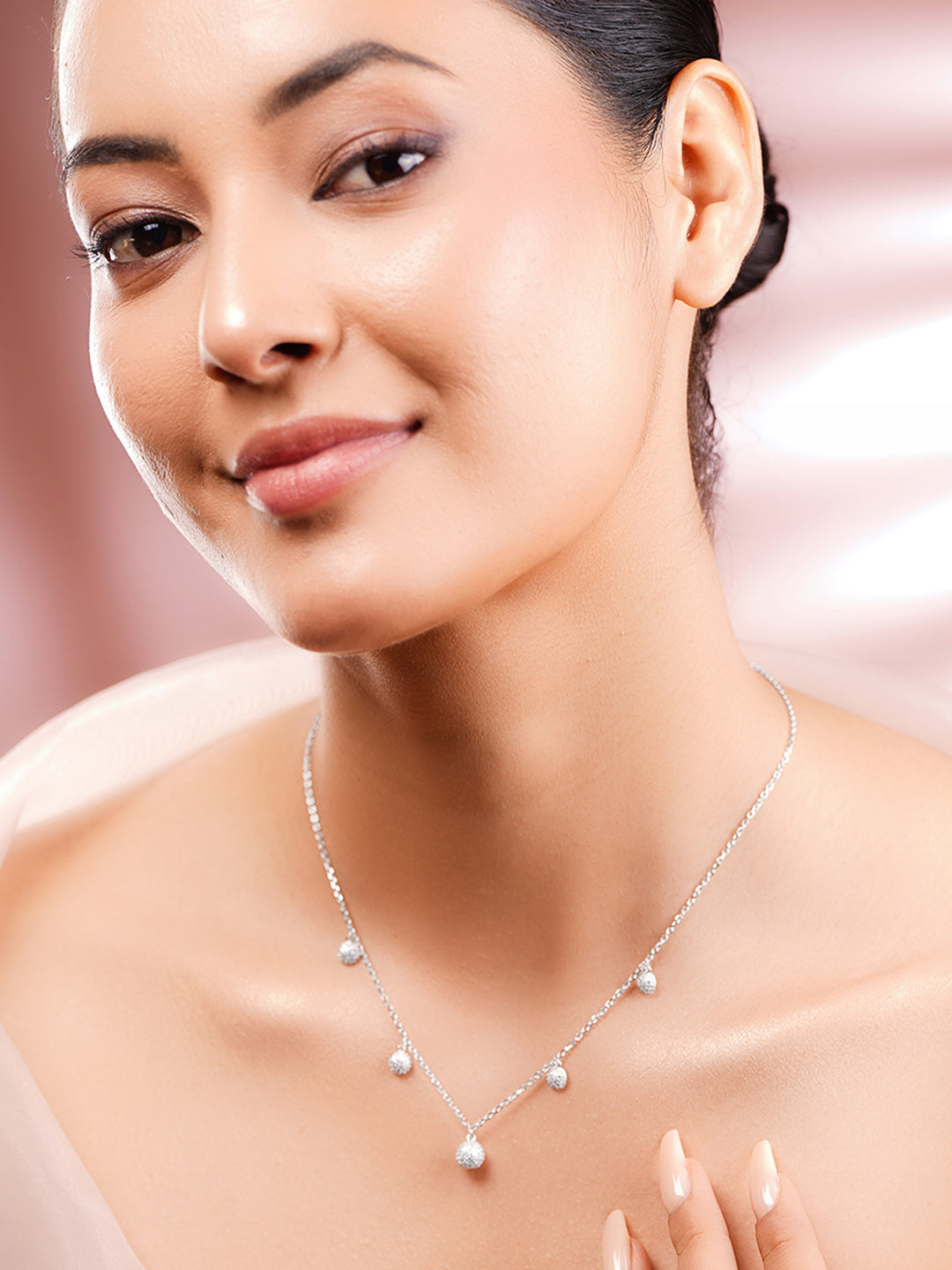 925 Fine Silver Rhodium Plated Necklace Set With Round Charms フリーサイズ