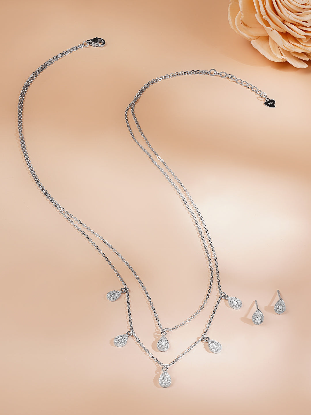925 Fine Silver Rhodium Plated Tear Drop Layered Necklace Set フリーサイズ
