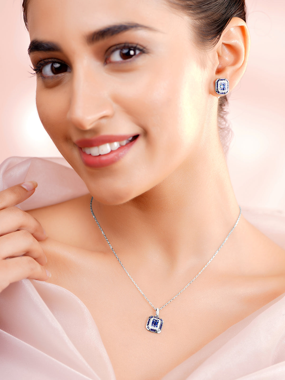 925 Fine Silver Blue Crystal Frame Pendant Set フリーサイズ