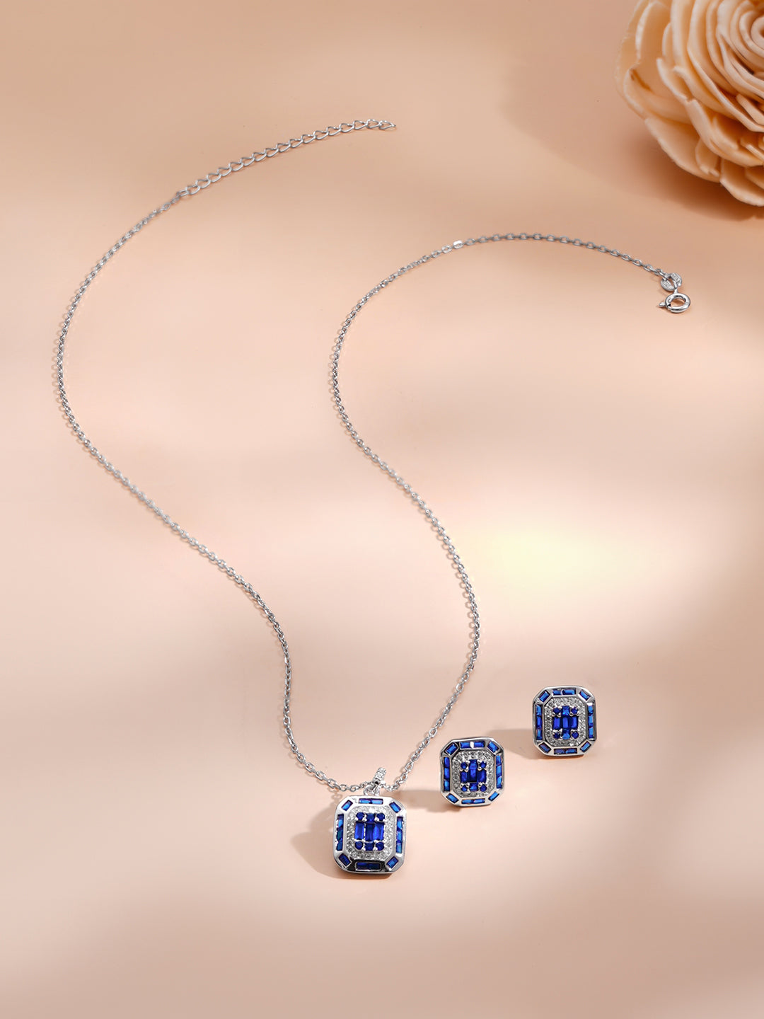 925 Fine Silver Blue Crystal Frame Pendant Set フリーサイズ