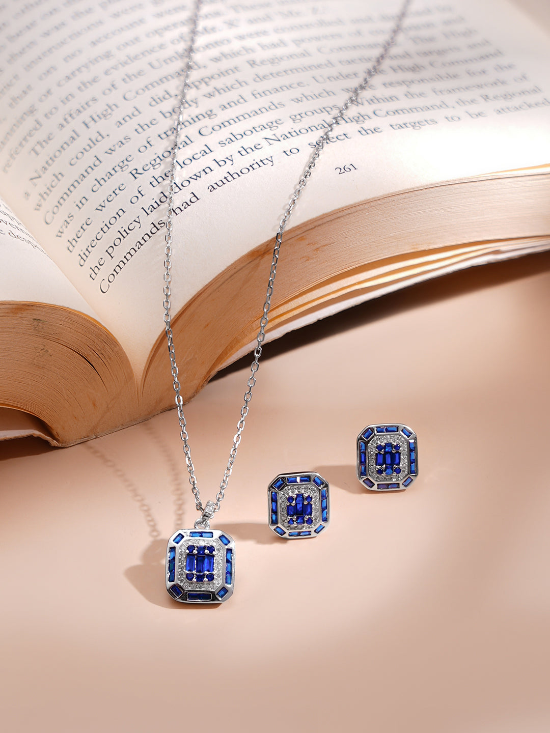 925 Fine Silver Blue Crystal Frame Pendant Set フリーサイズ
