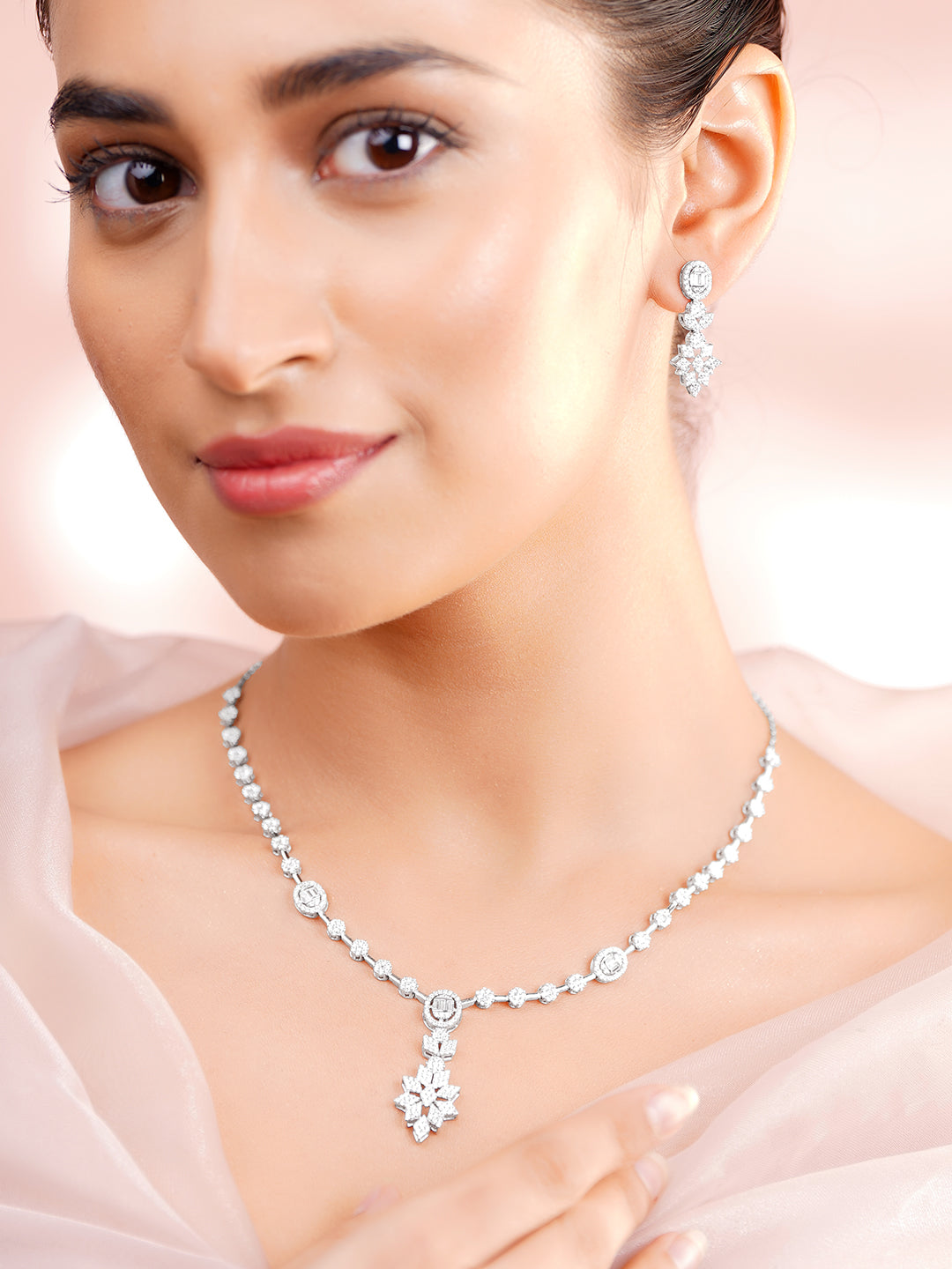 925 Fine Silver Silver Cubic Zirconia Floral Drop Necklace Set フリーサイズ