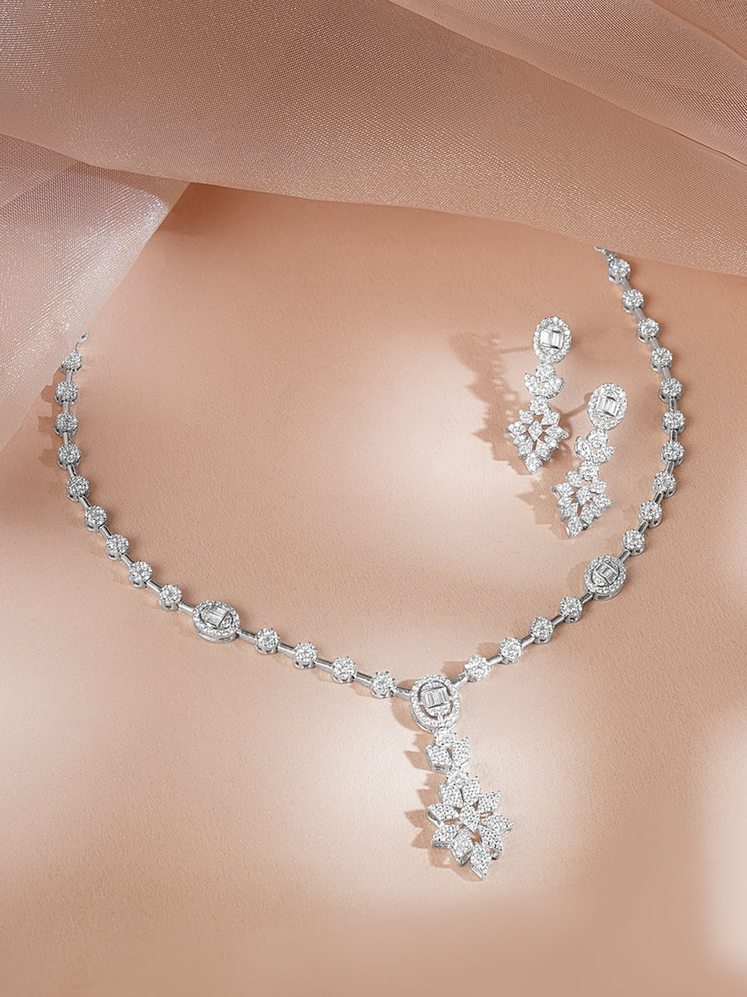 925 Fine Silver Silver Cubic Zirconia Floral Drop Necklace Set フリーサイズ