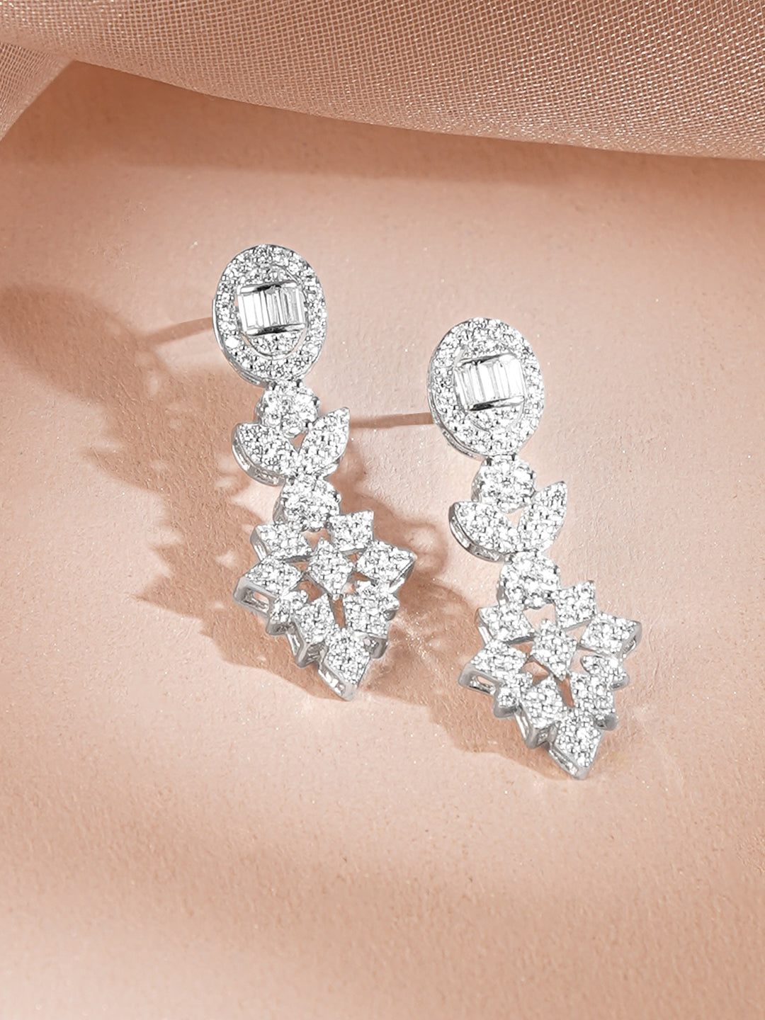 925 Fine Silver Silver Cubic Zirconia Floral Drop Necklace Set フリーサイズ