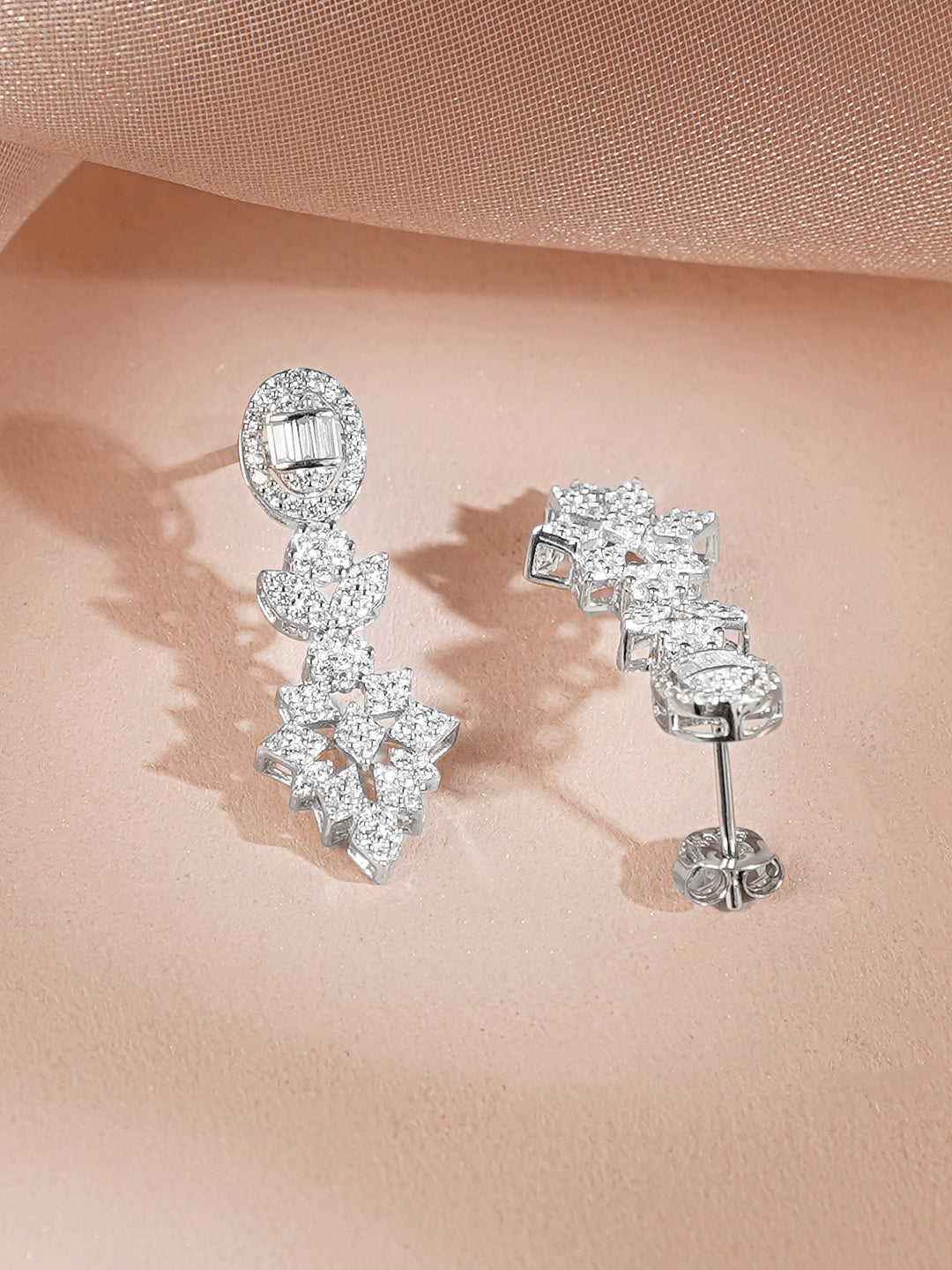 925 Fine Silver Silver Cubic Zirconia Floral Drop Necklace Set フリーサイズ