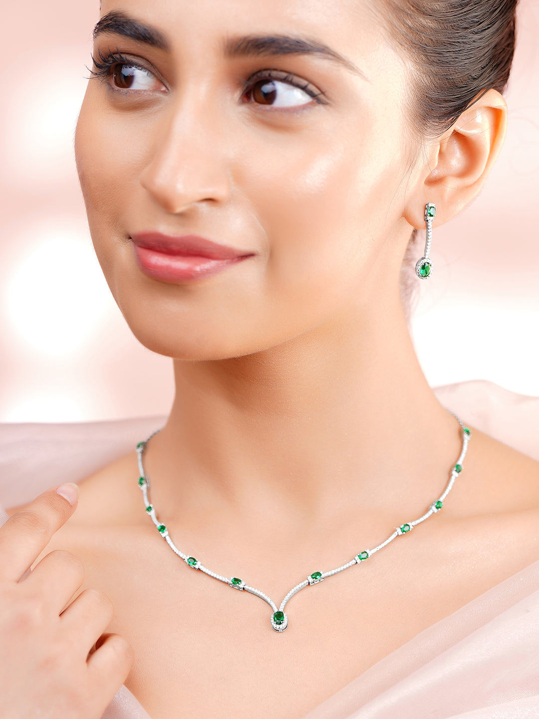 925 Fine Silver Rhodium Plated Emerald Green Necklace Set フリーサイズ