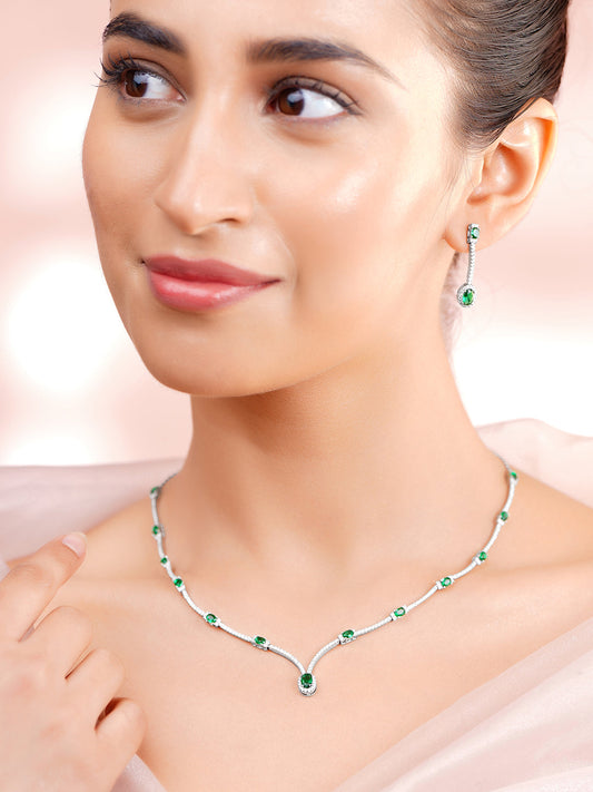 925 Fine Silver Rhodium Plated Emerald Green Necklace Set フリーサイズ