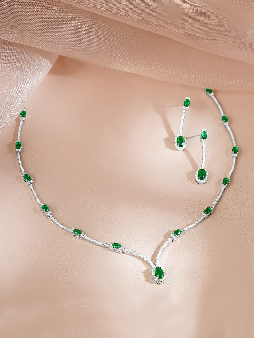 925 Fine Silver Rhodium Plated Emerald Green Necklace Set フリーサイズ