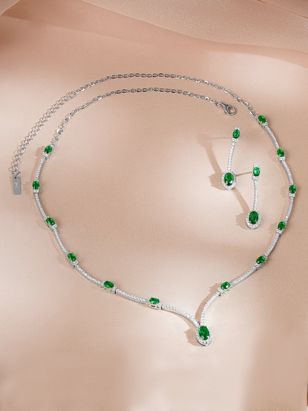 925 Fine Silver Rhodium Plated Emerald Green Necklace Set フリーサイズ